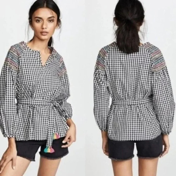 Madewell Black & White Belted Peasant Smocked Gingham Long Sleeve Top Size XS - Picture 1 of 8